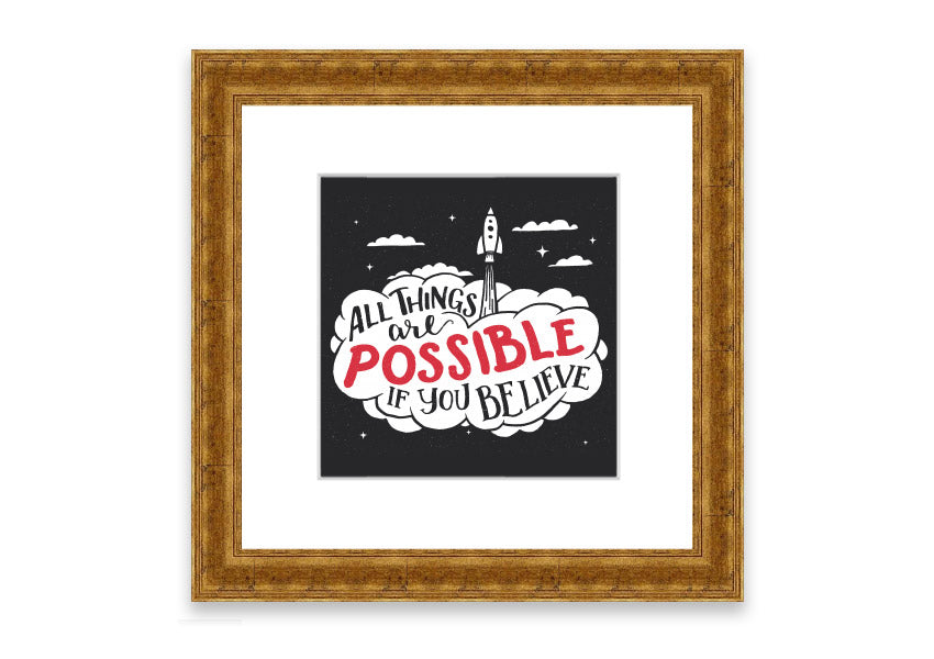 Framed print of 'All Things Are Possible' featuring Cornwall's scenic landscape, available in various frame colors.