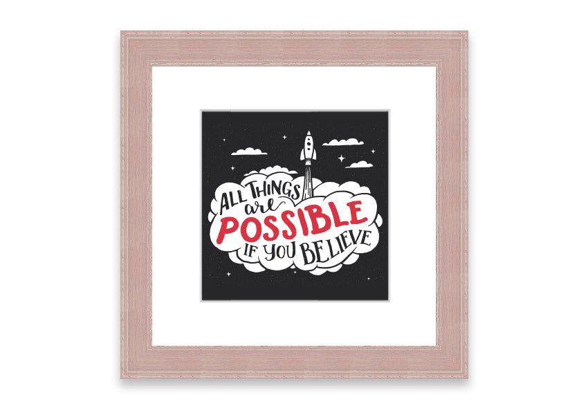 Framed print of 'All Things Are Possible' featuring Cornwall's scenic landscape, available in various frame colors.