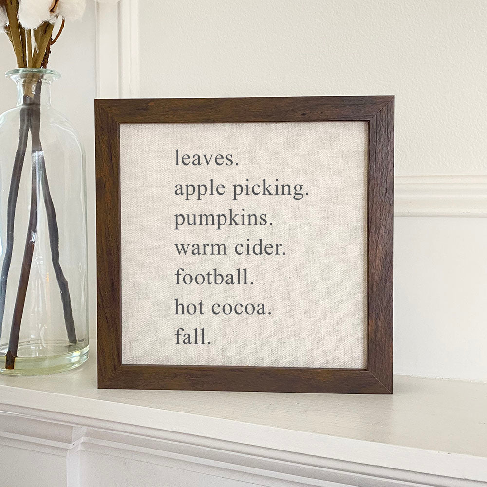 All Things Fall framed sign with a stylized wood frame, featuring a linen-look neutral background and eco-friendly printed design.