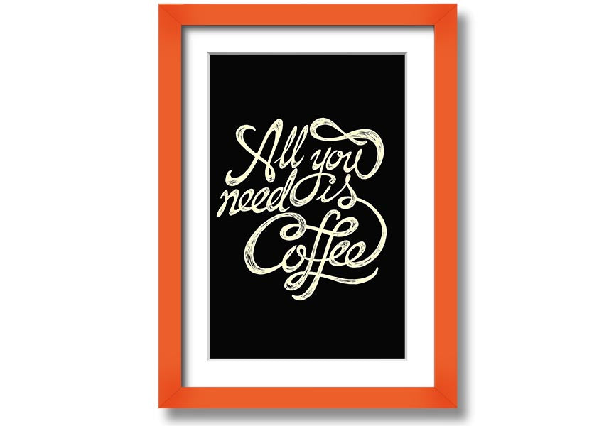 Framed print featuring the phrase 'All You Need Is Coffee' with a stylish design, available in various frame colors.