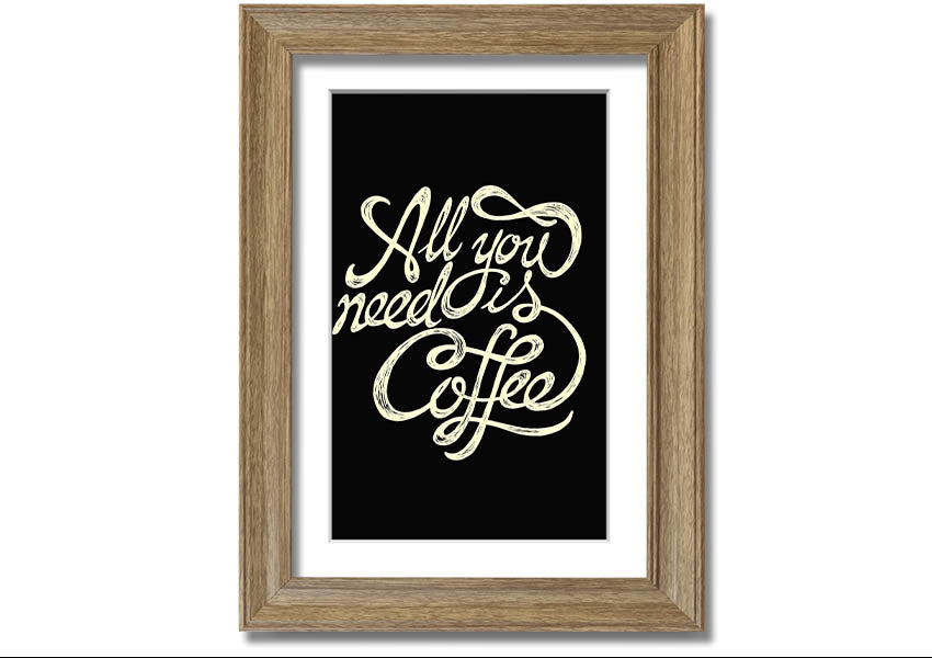 Framed print featuring the phrase 'All You Need Is Coffee' with a stylish design, available in various frame colors.