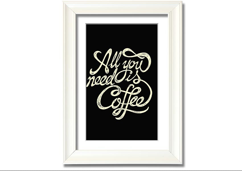 Framed print featuring the phrase 'All You Need Is Coffee' with a stylish design, available in various frame colors.