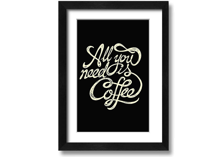 Framed print featuring the phrase 'All You Need Is Coffee' with a stylish design, available in various frame colors.