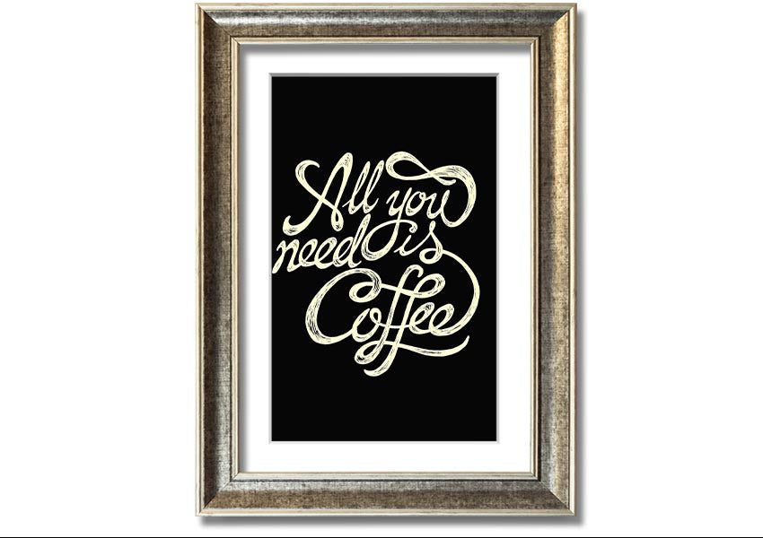 Framed print featuring the phrase 'All You Need Is Coffee' with a stylish design, available in various frame colors.