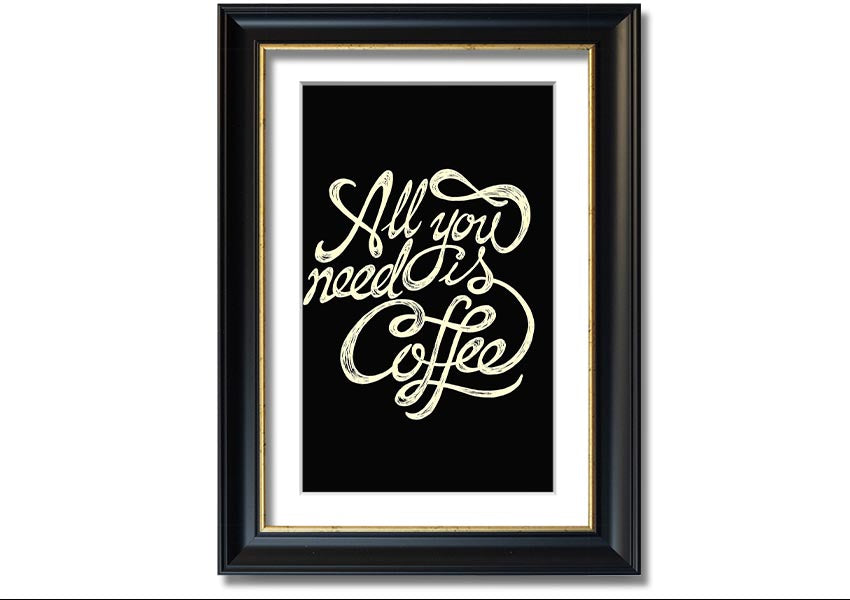 Framed print featuring the phrase 'All You Need Is Coffee' with a stylish design, available in various frame colors.