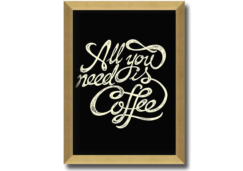 Framed print featuring the phrase 'All You Need Is Coffee' with a stylish design, available in various frame colors.