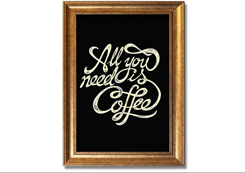 Framed print featuring the phrase 'All You Need Is Coffee' with a stylish design, available in various frame colors.