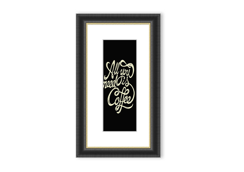 Framed print featuring the phrase 'All You Need Is Coffee' in a stylish design, available in various frame colors.