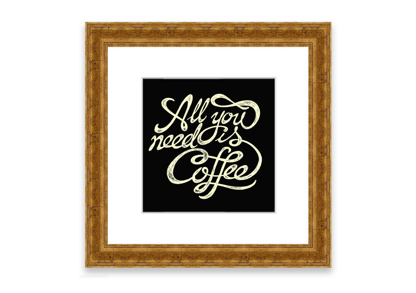 Framed print featuring the phrase 'All You Need Is Coffee' in a stylish design, available in various frame colors.