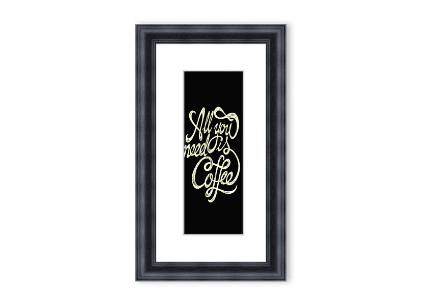 Framed print featuring the phrase 'All You Need Is Coffee' in a stylish design, available in various frame colors.