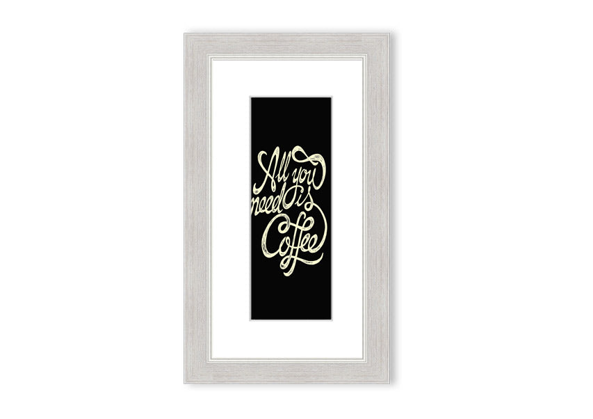 Framed print featuring the phrase 'All You Need Is Coffee' in a stylish design, available in various frame colors.