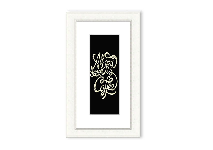 Framed print featuring the phrase 'All You Need Is Coffee' in a stylish design, available in various frame colors.