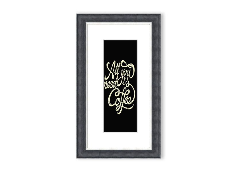 Framed print featuring the phrase 'All You Need Is Coffee' in a stylish design, available in various frame colors.