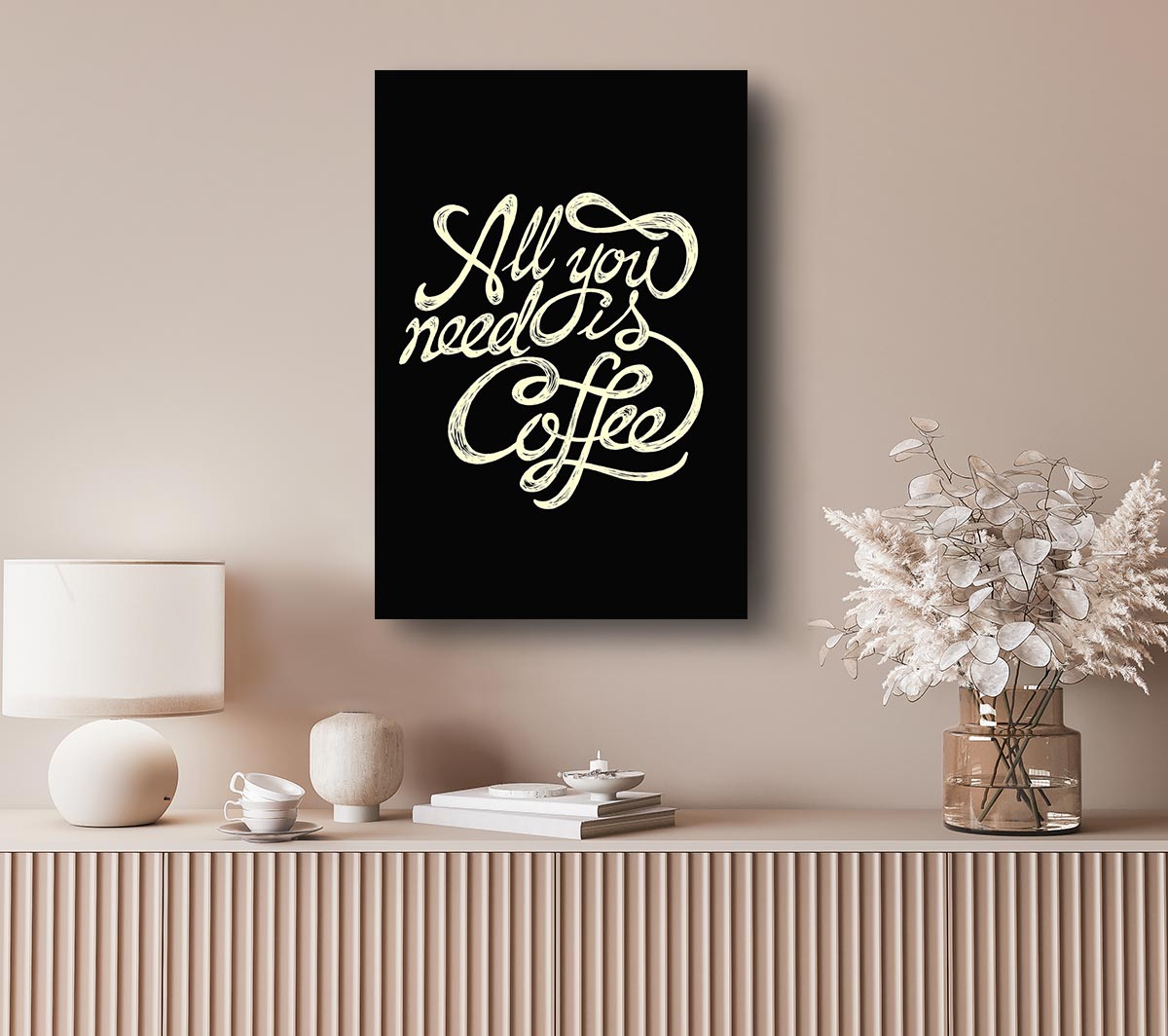 A vibrant canvas print featuring the phrase 'All You Need Is Coffee', mounted on a sturdy 44mm box frame, ready to hang.