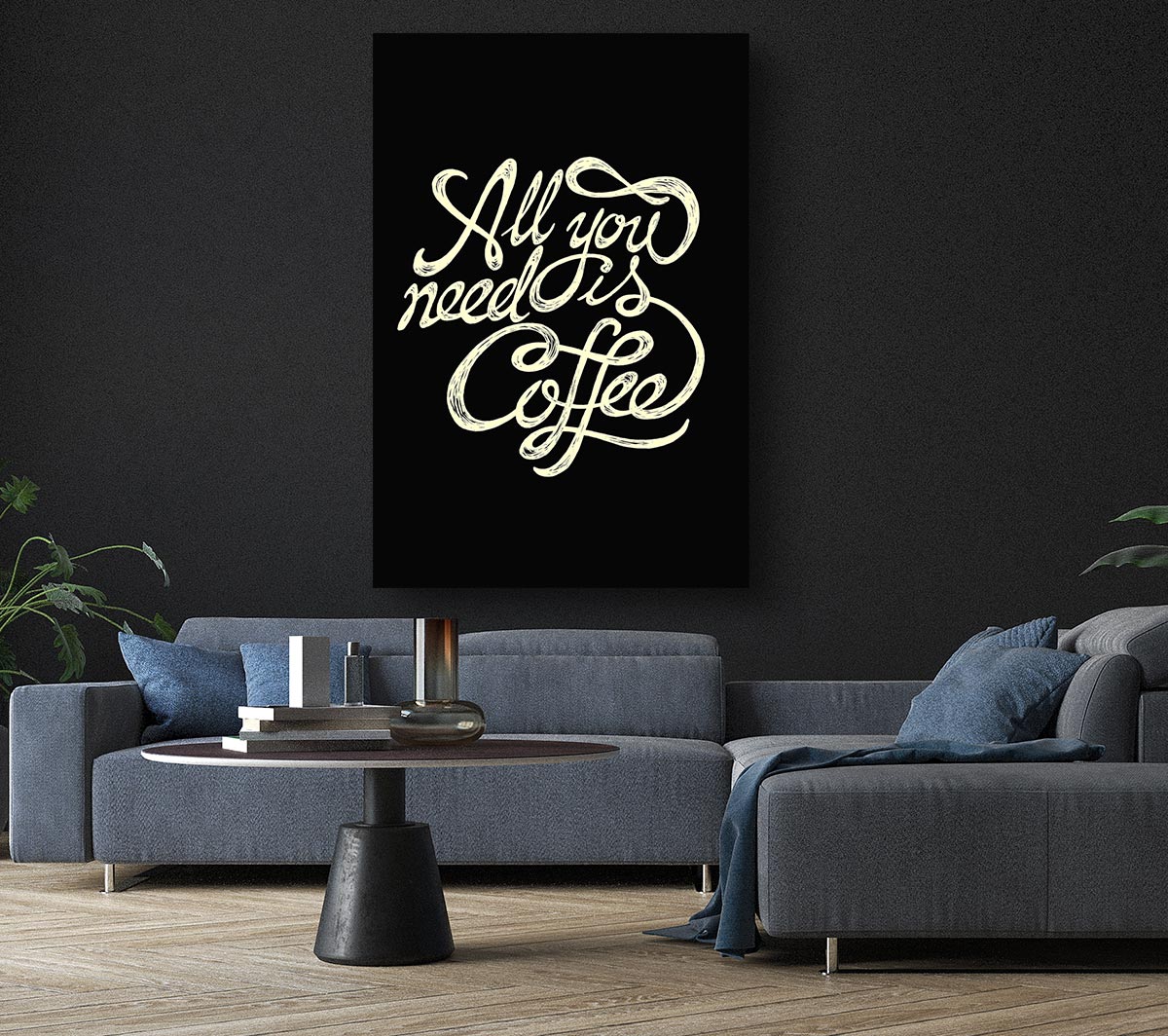 A vibrant canvas print featuring the phrase 'All You Need Is Coffee', mounted on a sturdy 44mm box frame, ready to hang.