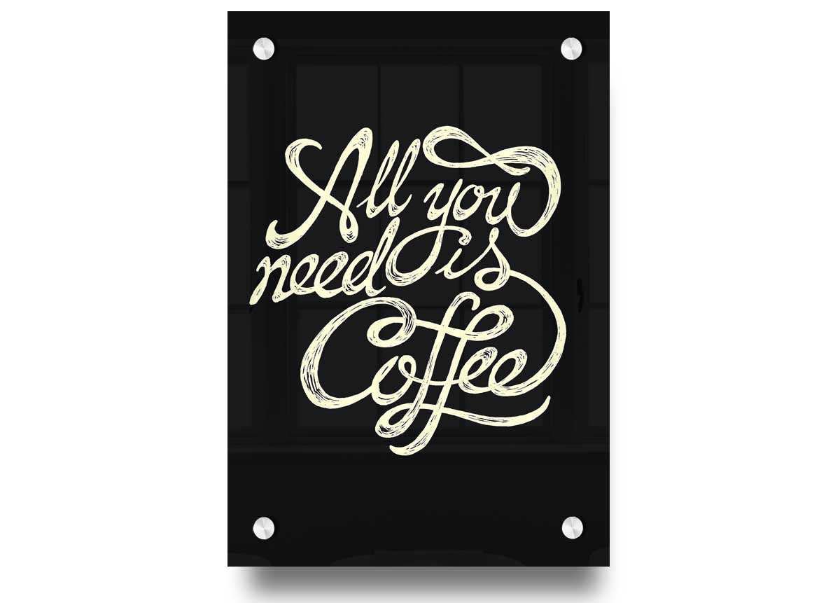 All You Need Is Coffee acrylic print on a wall, showcasing vibrant colors and modern design.