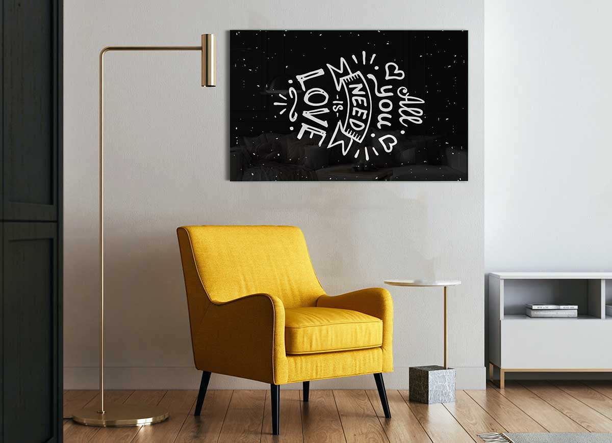 All You Need Is Love 1 glass print featuring a modern design with an inspirational quote, perfect for home decor.