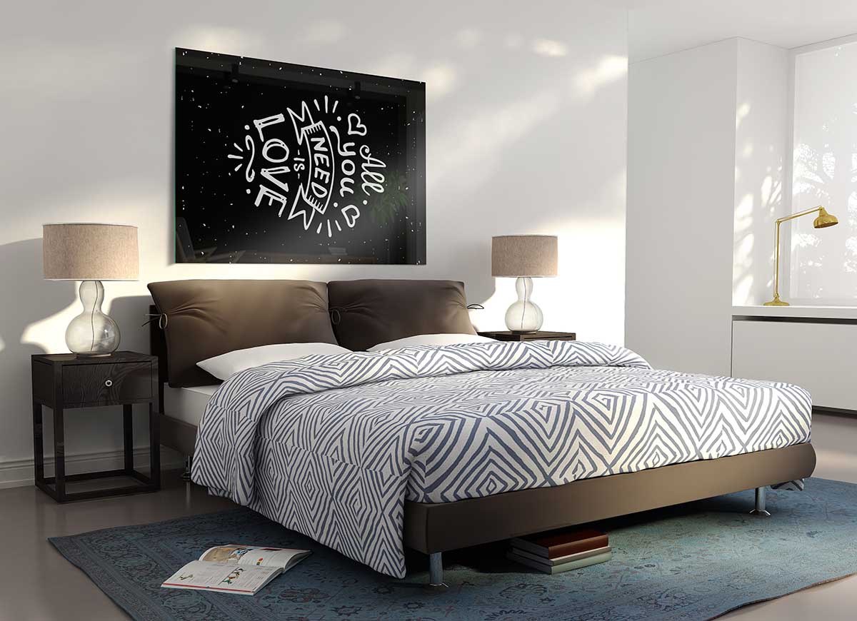 All You Need Is Love 1 glass print featuring a modern design with an inspirational quote, perfect for home decor.