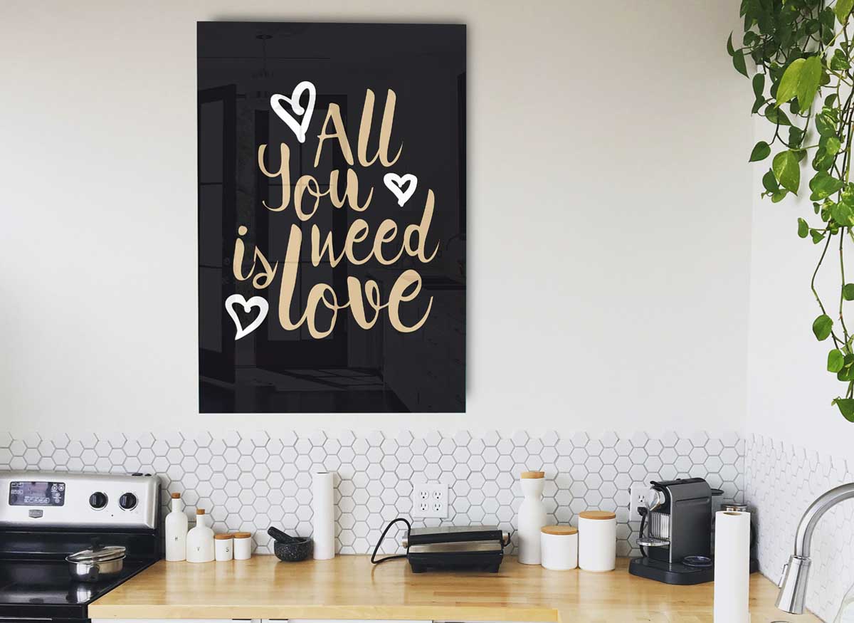 All You Need Is Love 2 glass print featuring a modern design with vibrant colors and an inspirational message.