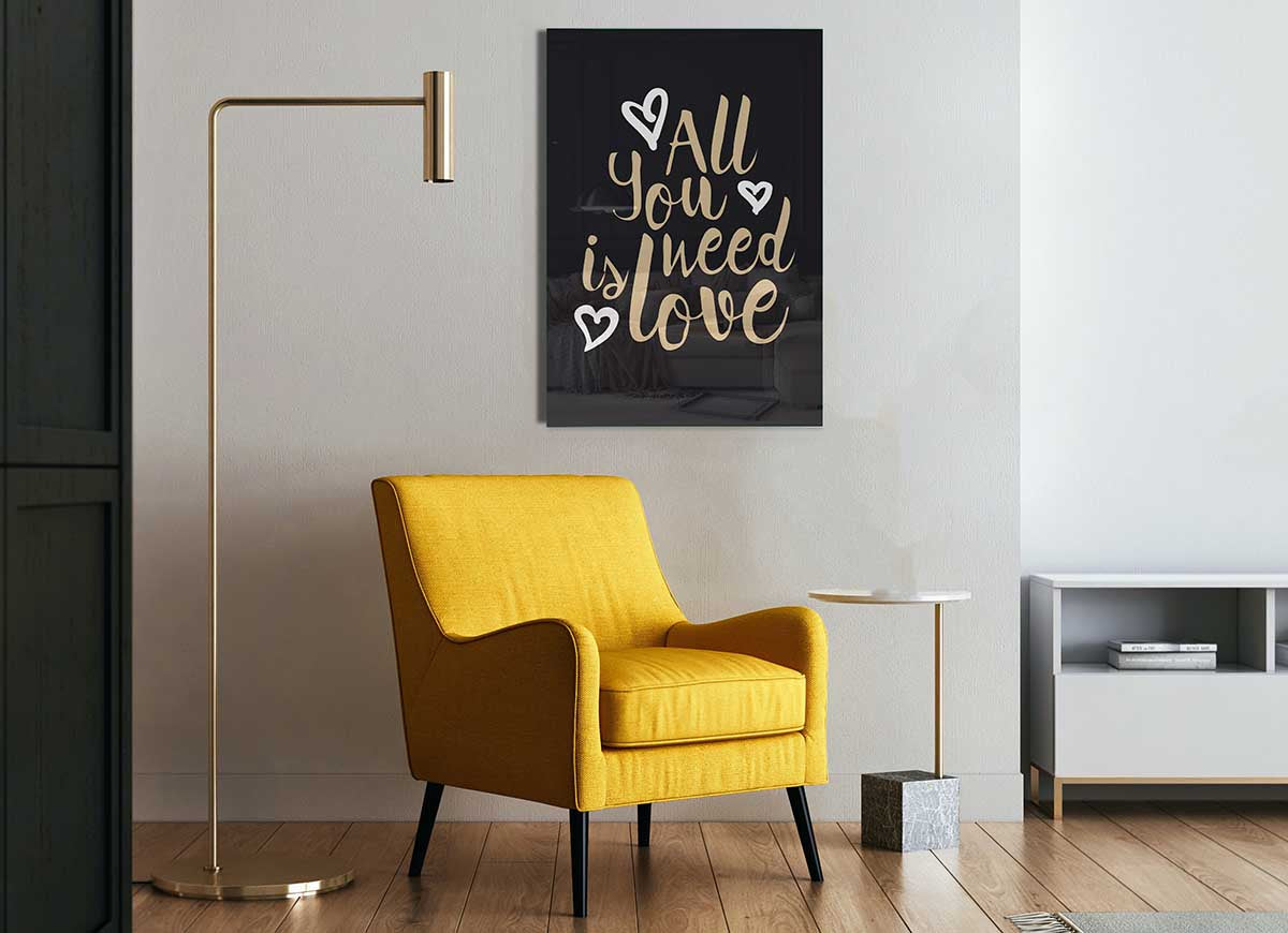 All You Need Is Love 2 glass print featuring a modern design with vibrant colors and an inspirational message.