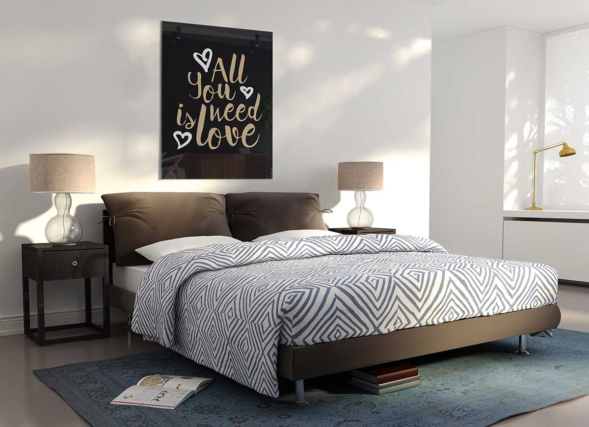 All You Need Is Love 2 glass print featuring a modern design with vibrant colors and an inspirational message.