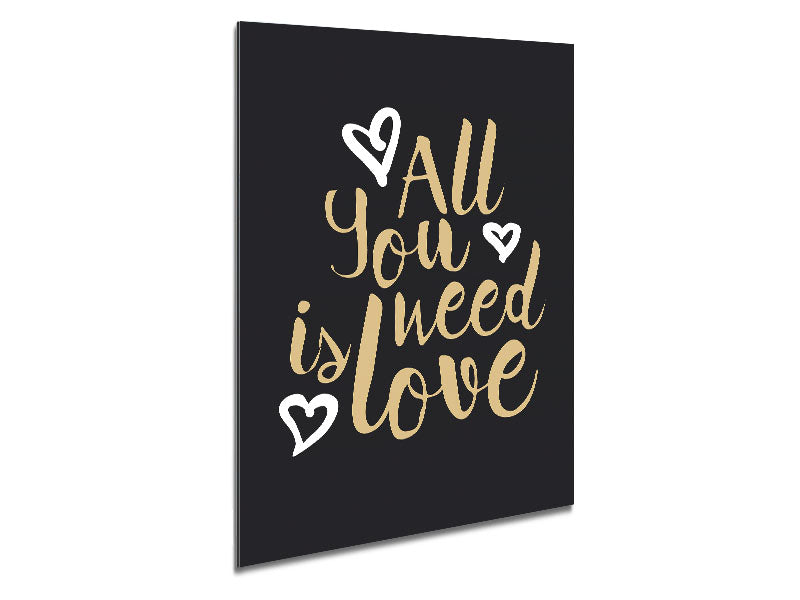 A modern art piece titled 'All You Need Is Love 2' printed on brushed aluminium dibond, showcasing vibrant colors and a sleek finish.