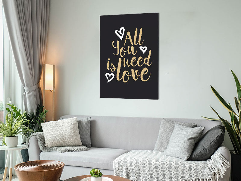 A modern art piece titled 'All You Need Is Love 2' printed on brushed aluminium dibond, showcasing vibrant colors and a sleek finish.