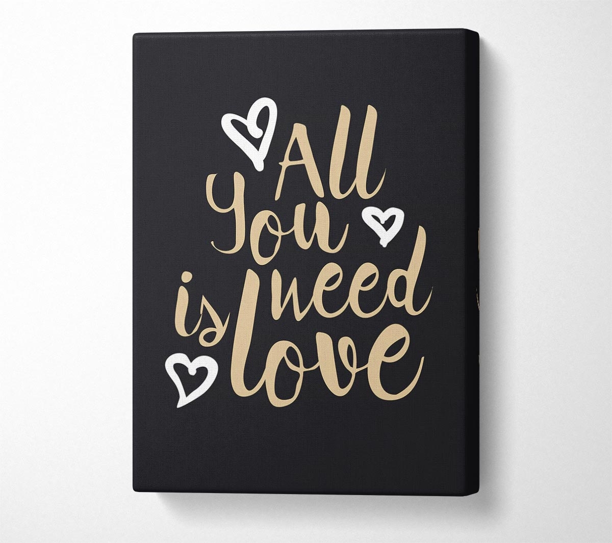 A vibrant canvas art piece titled 'All You Need Is Love 2', featuring a heartwarming design, mounted on a sturdy 44mm box frame, ready to hang.