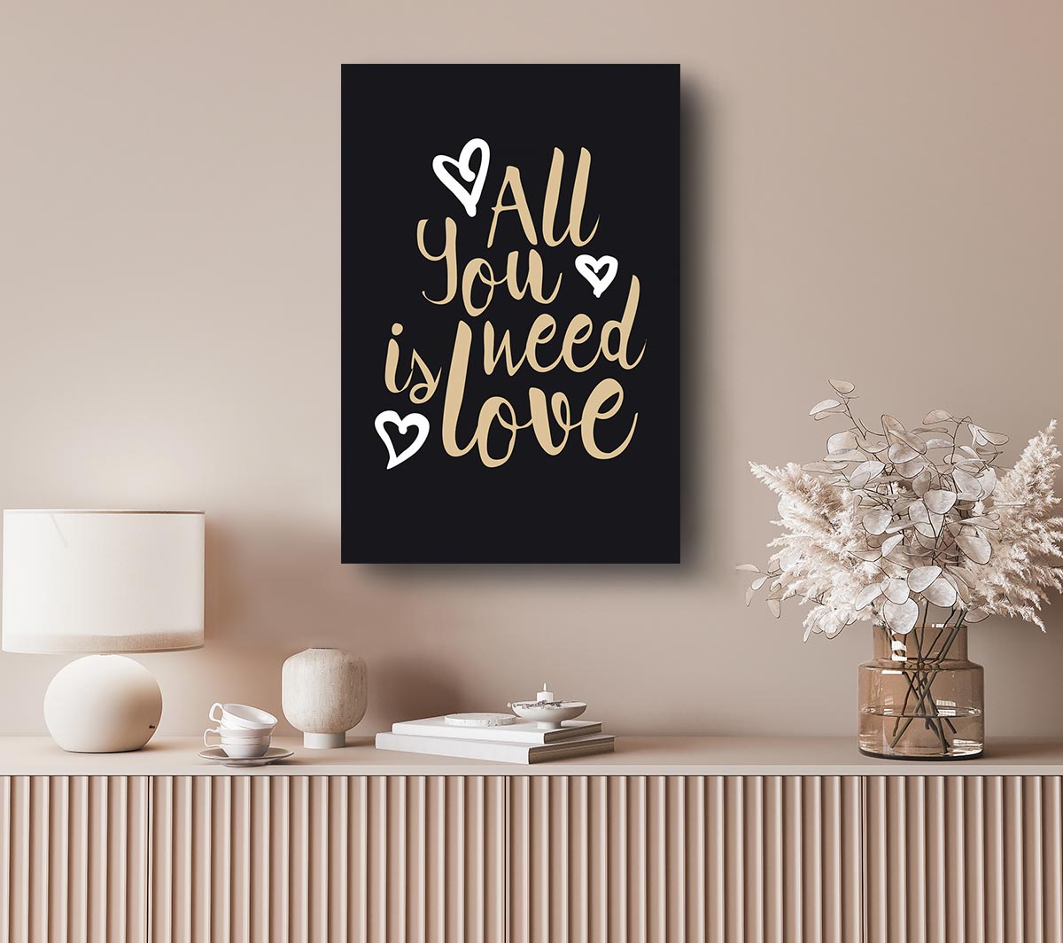 A vibrant canvas art piece titled 'All You Need Is Love 2', featuring a heartwarming design, mounted on a sturdy 44mm box frame, ready to hang.