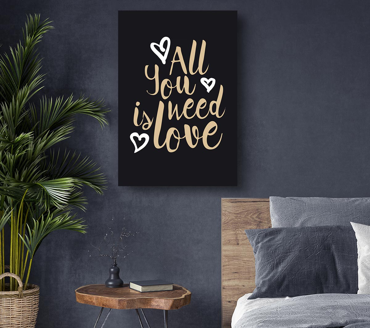 A vibrant canvas art piece titled 'All You Need Is Love 2', featuring a heartwarming design, mounted on a sturdy 44mm box frame, ready to hang.