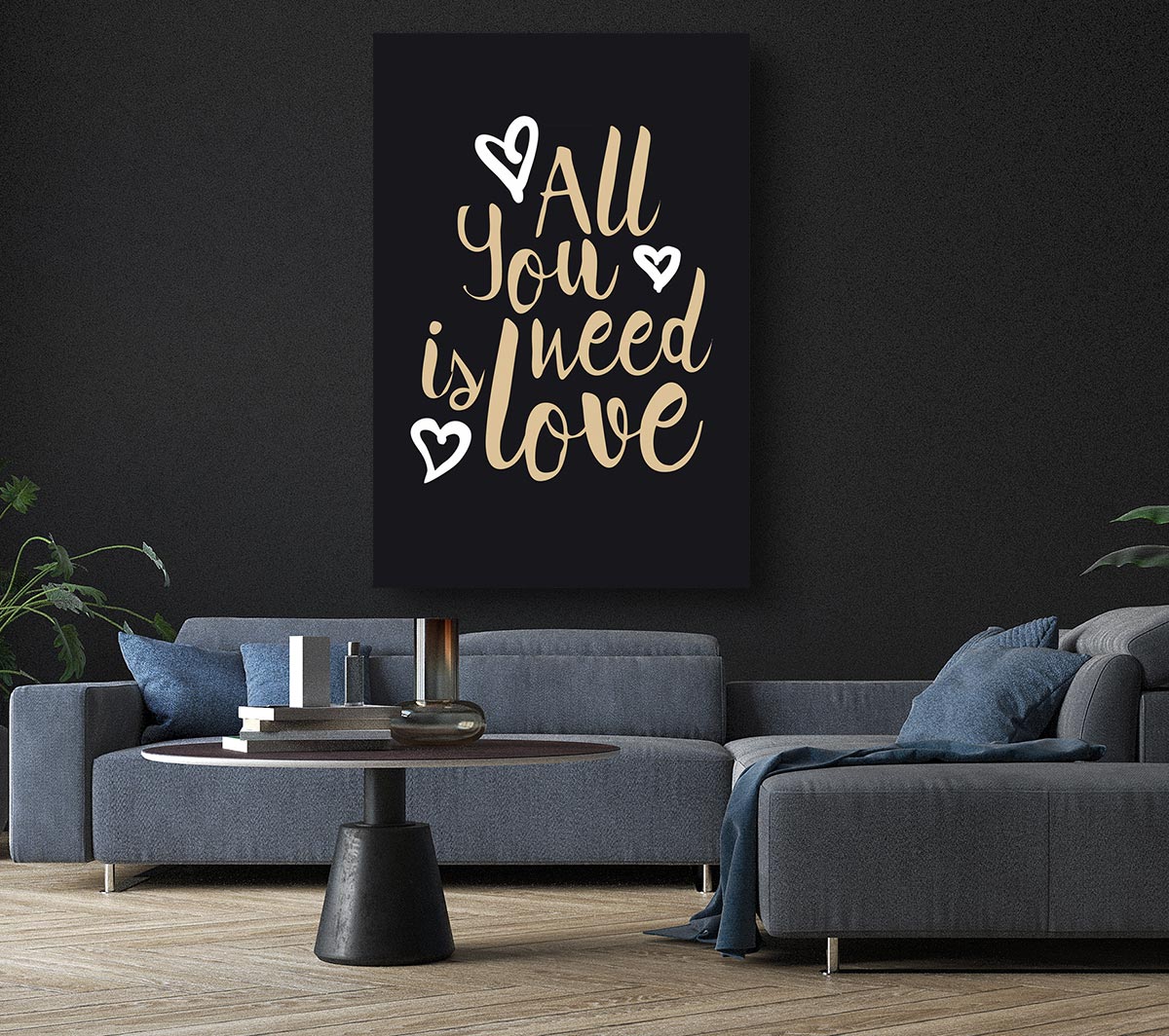 A vibrant canvas art piece titled 'All You Need Is Love 2', featuring a heartwarming design, mounted on a sturdy 44mm box frame, ready to hang.