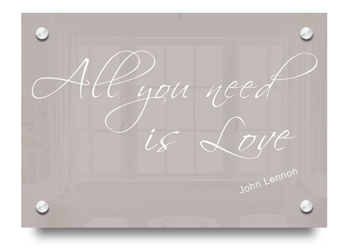 All You Need Is Love 2 Beige acrylic print on a wall, showcasing vibrant colors and elegant design.