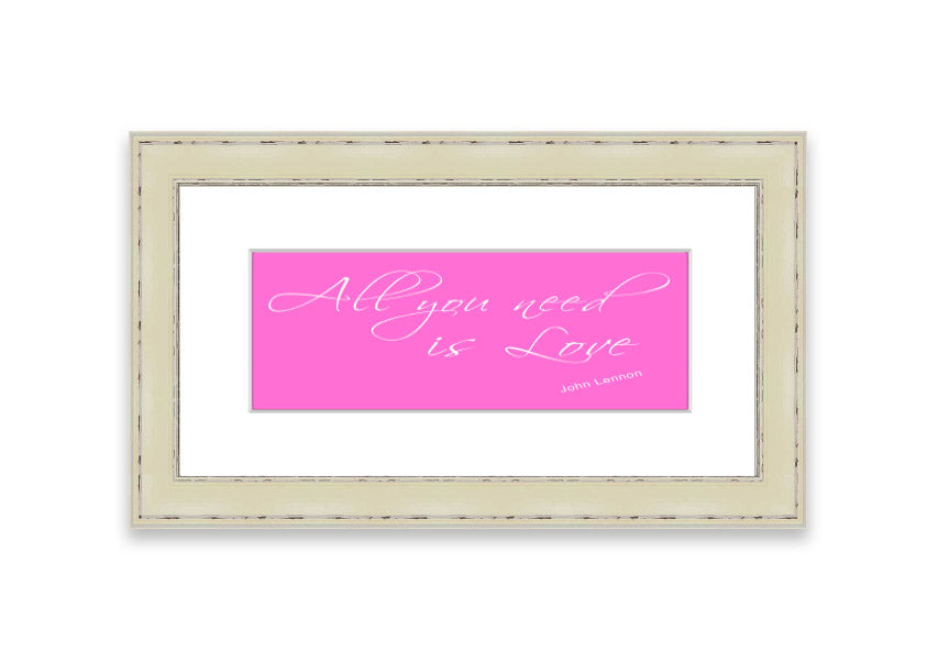 Framed print of 'All You Need Is Love 2' in vivid pink, showcasing a vibrant design with a stylish frame, ready to hang.