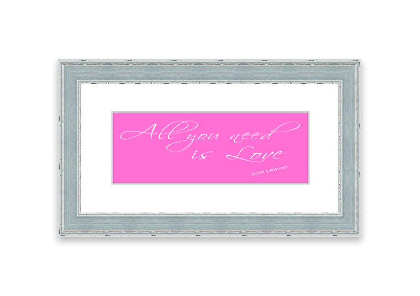 Framed print of 'All You Need Is Love 2' in vivid pink, showcasing a vibrant design with a stylish frame, ready to hang.