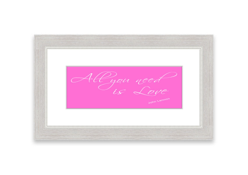 Framed print of 'All You Need Is Love 2' in vivid pink, showcasing a vibrant design with a stylish frame, ready to hang.