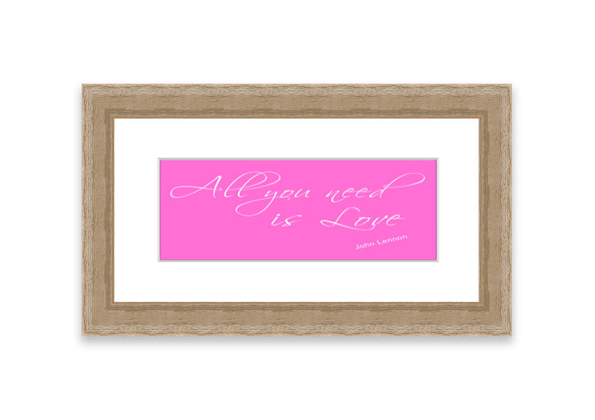 Framed print of 'All You Need Is Love 2' in vivid pink, showcasing a vibrant design with a stylish frame, ready to hang.