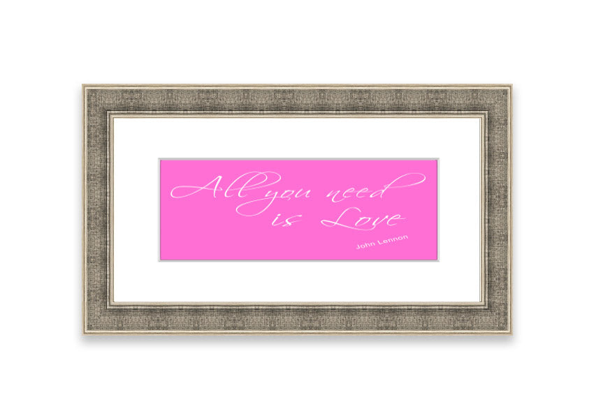 Framed print of 'All You Need Is Love 2' in vivid pink, showcasing a vibrant design with a stylish frame, ready to hang.