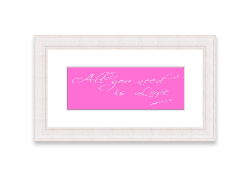 Framed print of 'All You Need Is Love 2' in vivid pink, showcasing a vibrant design with a stylish frame, ready to hang.