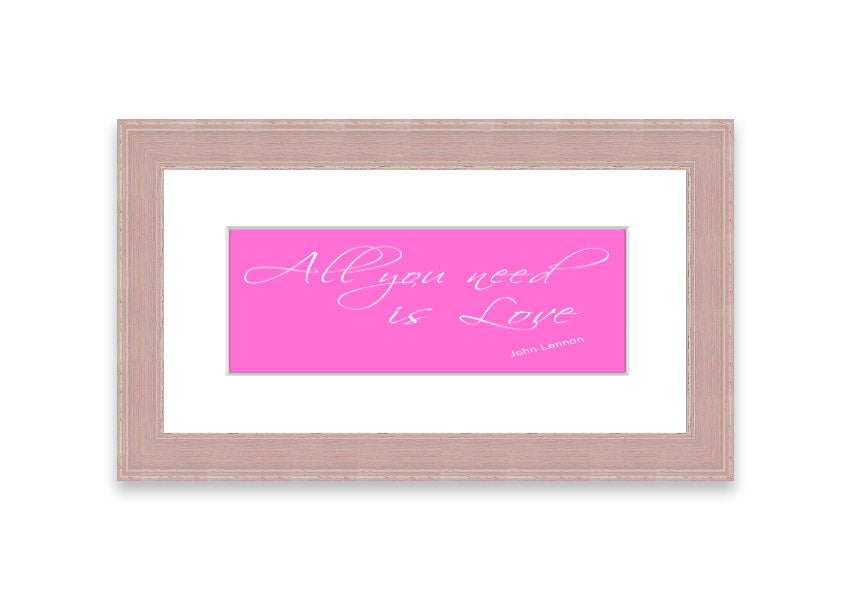 Framed print of 'All You Need Is Love 2' in vivid pink, showcasing a vibrant design with a stylish frame, ready to hang.