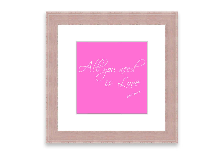 Framed print of 'All You Need Is Love 2' in vivid pink, showcasing a vibrant design with a stylish frame, ready to hang.