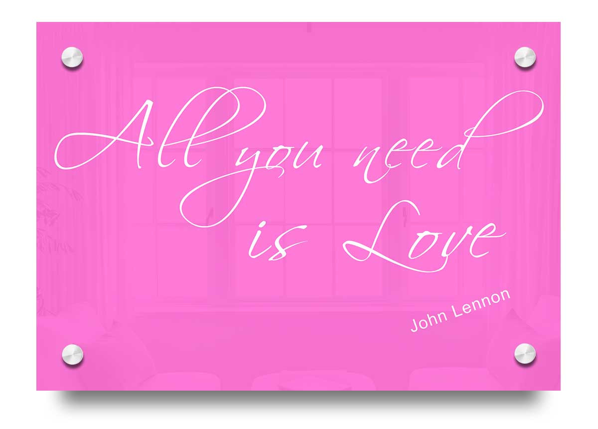 Vivid pink acrylic print titled 'All You Need Is Love 2' showcasing vibrant colors and modern design.