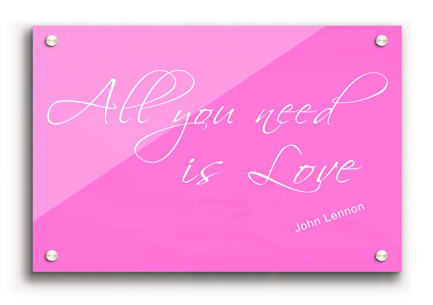 Vivid pink acrylic print titled 'All You Need Is Love 2' showcasing vibrant colors and modern design.