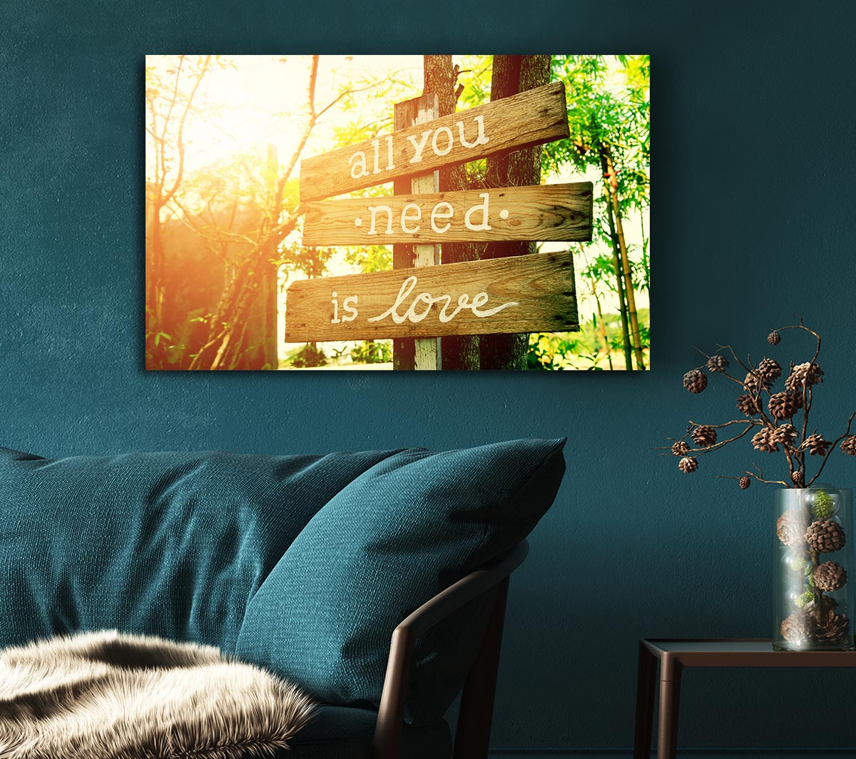 A vibrant canvas print featuring the phrase 'All You Need Is Love' mounted on a sturdy box frame, ready to hang.