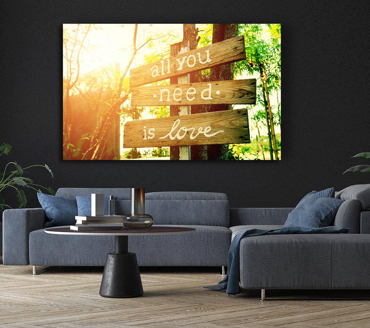 A vibrant canvas print featuring the phrase 'All You Need Is Love' mounted on a sturdy box frame, ready to hang.