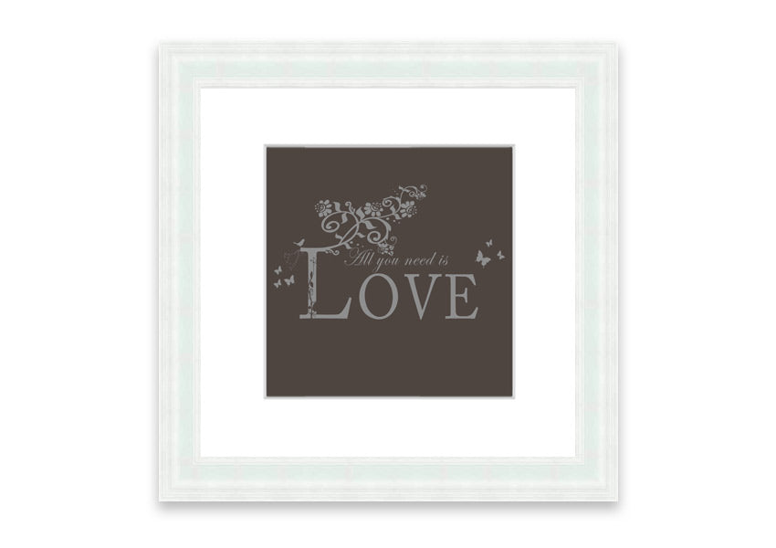 Framed print of All You Need Is Love Chocolate, showcasing vibrant colors and a heartwarming message, ready to hang.