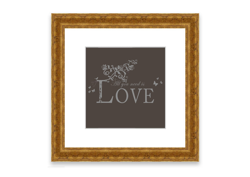 Framed print of All You Need Is Love Chocolate, showcasing vibrant colors and a heartwarming message, ready to hang.