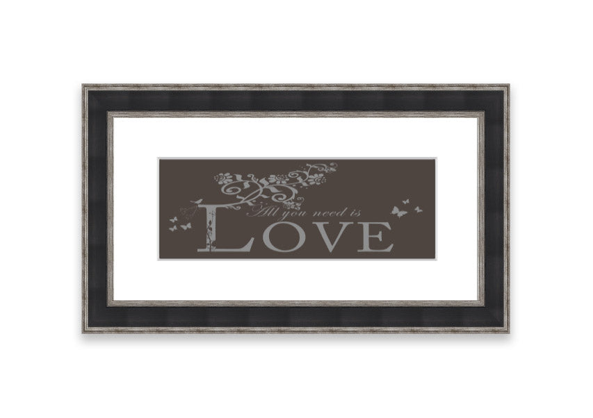 Framed print of All You Need Is Love Chocolate, showcasing vibrant colors and a heartwarming message, ready to hang.