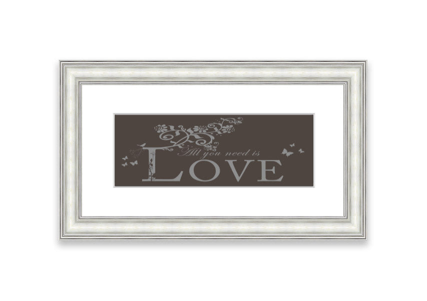 Framed print of All You Need Is Love Chocolate, showcasing vibrant colors and a heartwarming message, ready to hang.