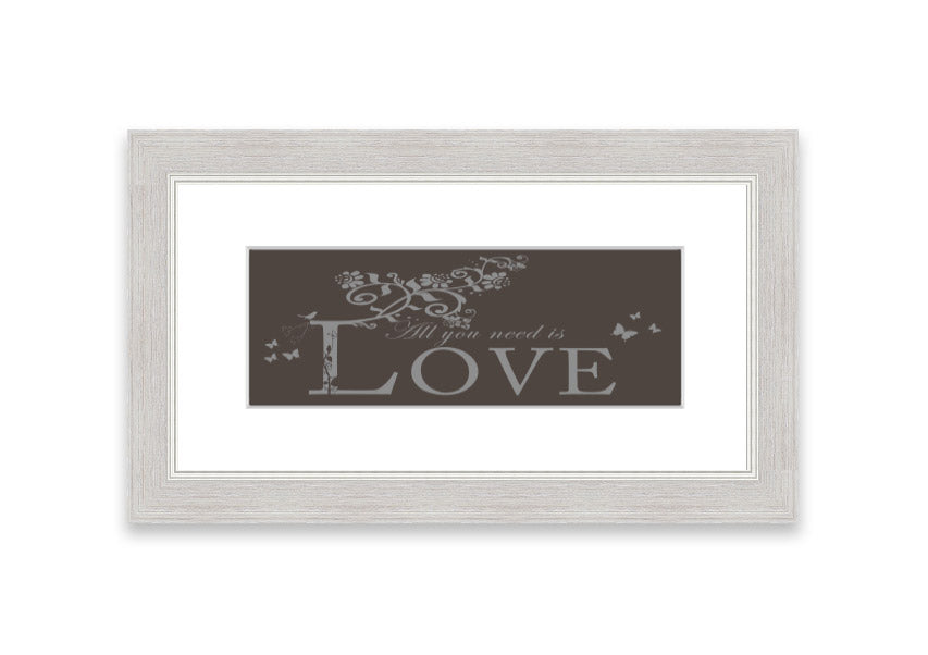 Framed print of All You Need Is Love Chocolate, showcasing vibrant colors and a heartwarming message, ready to hang.