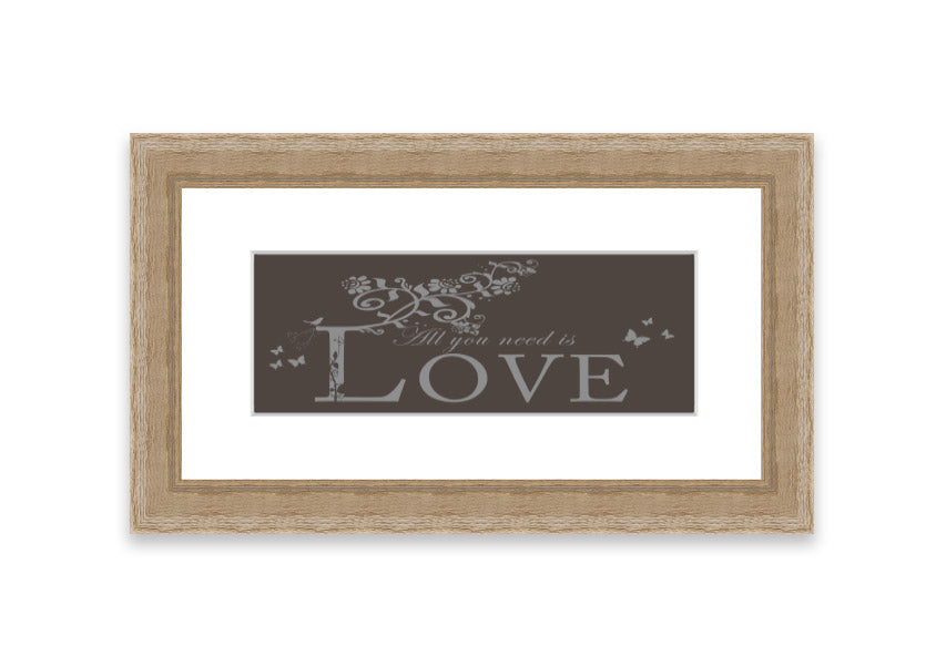 Framed print of All You Need Is Love Chocolate, showcasing vibrant colors and a heartwarming message, ready to hang.